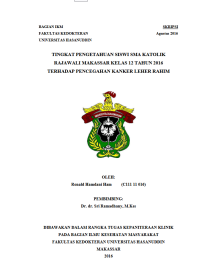 Image of Tingkat pengetahuan siswi sma katolik rajawali makassar kelas 12 tahun 2016 terhadap pencegahan kanker leher rahim