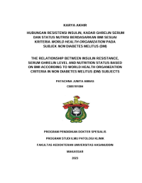Image of Hubungan resistensi insulin, kadar ghrelin serum dan status nutrisi berdasarkan bmi sesuai kriteria world health organization pada subjek non diabetes melitus (dm)