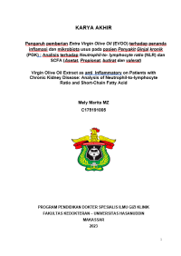 Image of Pengaruh pemberian extra virgin olive oil (evoo) terhadap penanda inflamasi dan mikrobiota usus pada pasien penyakit ginjal kronik (pgk): analisis terhadap neutrophil-to lymphocyte ratio (nlr) dan scfa (asetat, proplonat, butirat, dan valerant)