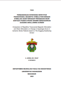 Image of Perbandingan intervensi repetitive transcranial magnetic stimulation dengan stimulai sham terhadap perubahan skor disfagia pasien stroke iskemik berdasarkan gugging swallowing screen