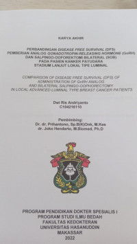 Image of Perbandingan disease free survival (DFS) pemberian analog gonadotropin-releasing hormone(GnRH) dan salpingo ooforektomi bilateral (SOB) pada pasien kanker payudara stadium lanjut lokal tipe luminal